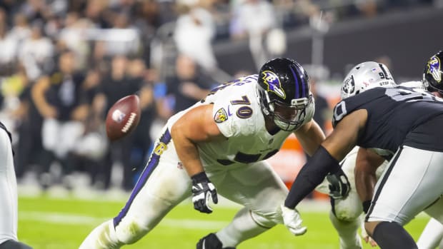 Sep 13, 2021; Paradise, Nevada, USA; Baltimore Ravens guard Kevin Zeitler (70) against the Las Vegas Raiders during Monday Night Football at Allegiant Stadium. Mandatory Credit: Mark J. Rebilas-USA TODAY Sports  
